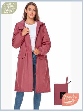 Long Rain Jacket Waterproof Lightweight Hooded Packable Knee Length Coat